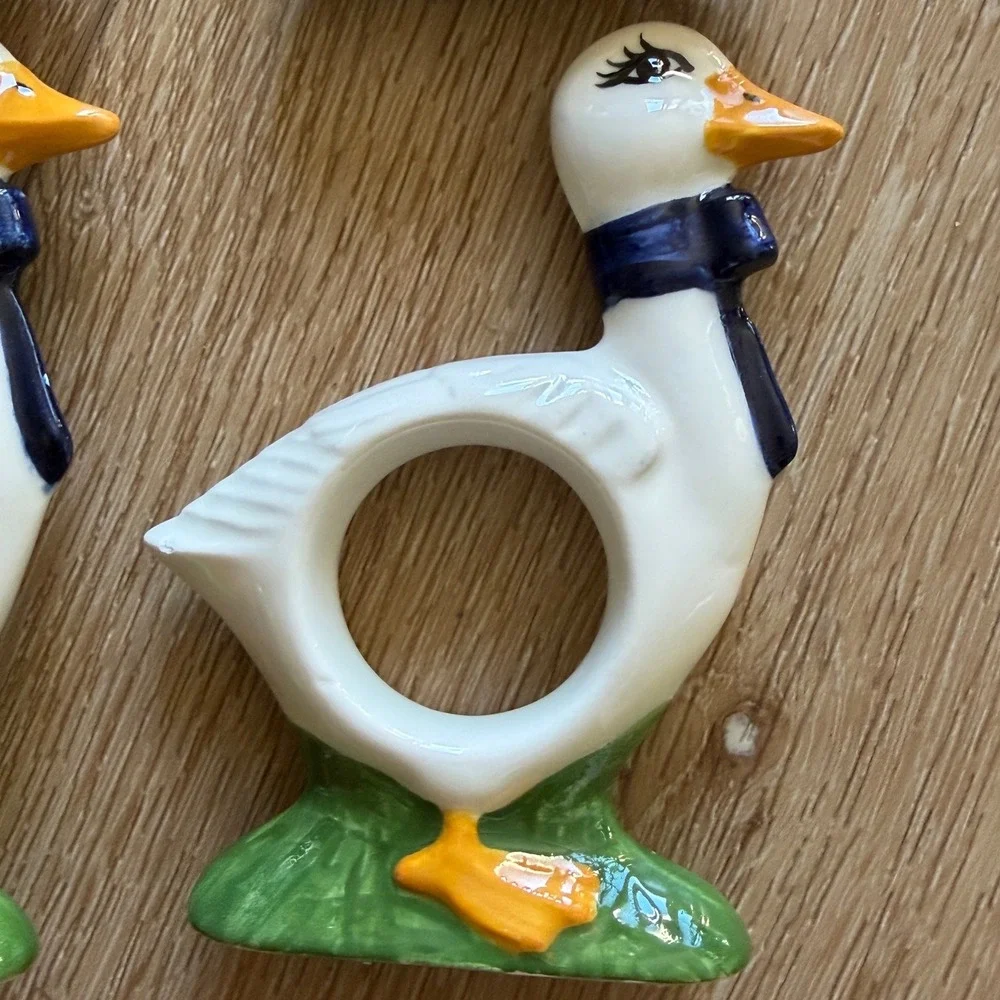Vintage Ceramic Goose Napkin Rings Set of 9 White Blue Bow Farmhouse Decor